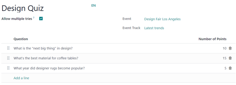 The Add Quiz page in the NightPOS Events application for an event track.
