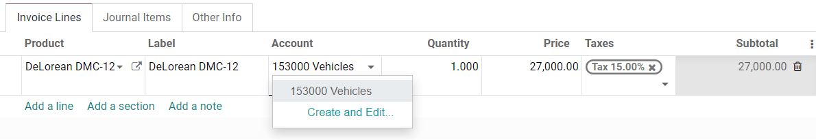 Selection of an Assets Account on a draft bill in NightPOS Accounting