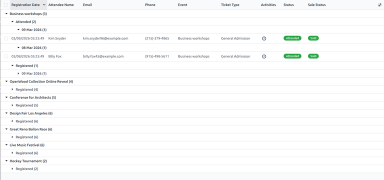 List view in the Attendees reporting graph view in NightPOS Events.