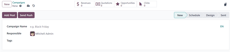 View of the blank campaign form in NightPOS Email Marketing.