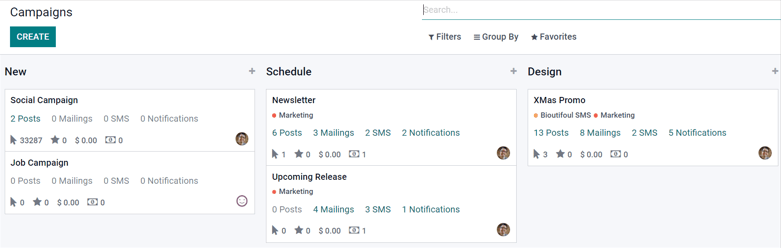 Dasbhoard view of different Campaigns in the NightPOS SMS Marketing app, separated by stage.