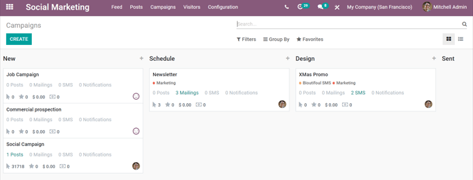 View of the campaigns page in the NightPOS Social Marketing application.