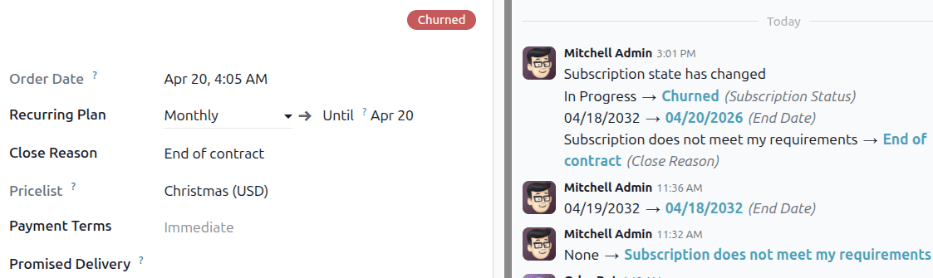 A churned sales order for a closed subscription in NightPOS Subscriptions showing the banner and the chatter.