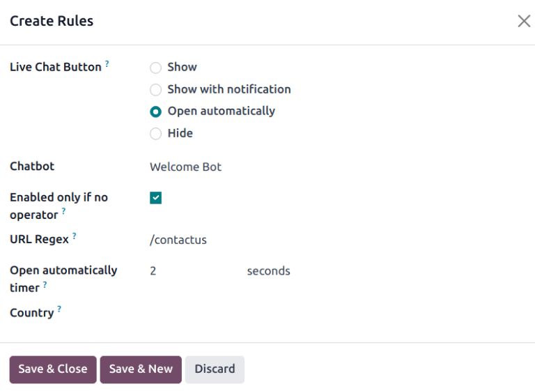 View of a channel's rules form for NightPOS Live Chat.
