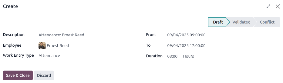 Filling in the work entry Create form in NightPOS.