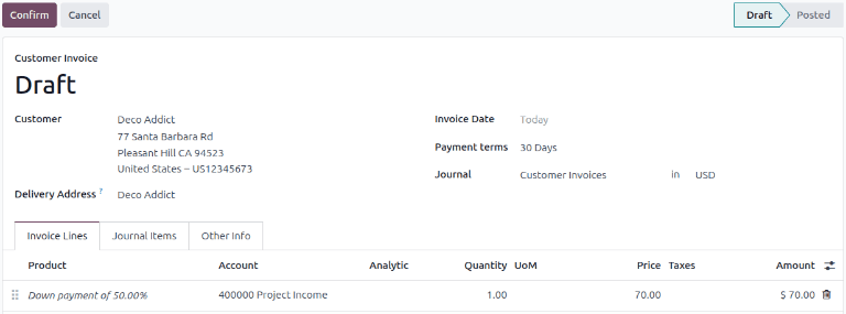 A sample draft invoice with down payment mentioned in NightPOS Sales.