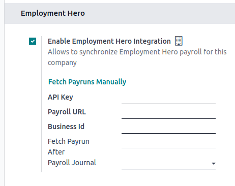 Enabling Employment Hero Integration in NightPOS Accounting displays new fields in the settings