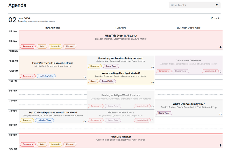 The event Agenda page on the event website built with the NightPOS Events application.