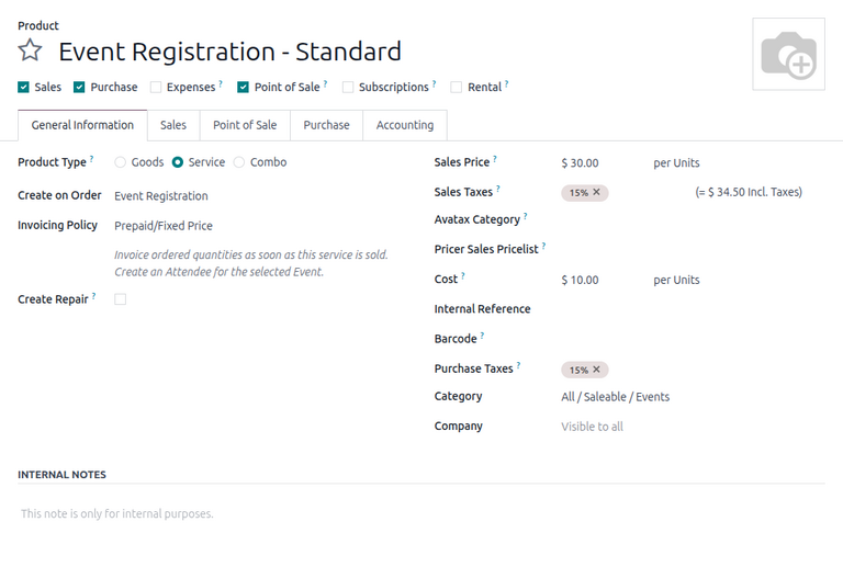 View of an event registration product form in NightPOS.