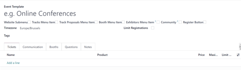 A standard event template form in the NightPOS Events application.