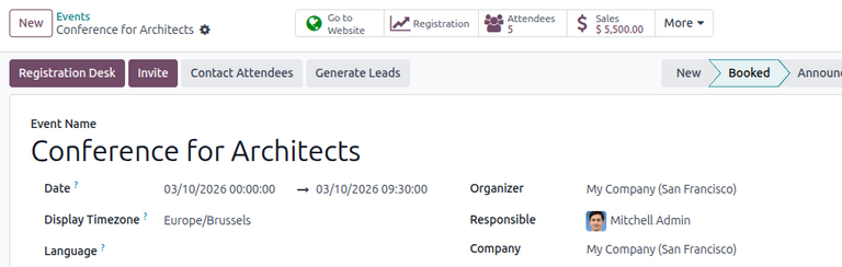 View of an event's form and the sales smart button in NightPOS Events.
