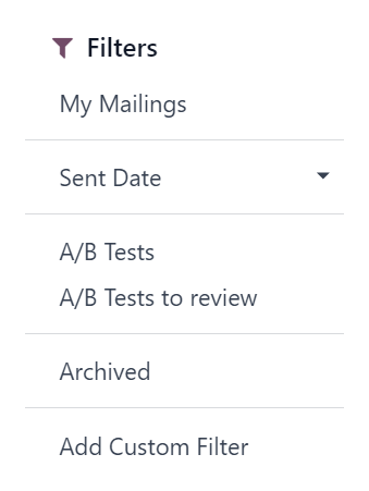 View of filters drop-down menu options on the NightPOS Email Marketing dashboard.