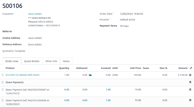 The second down payment invoice with Paid banner in NightPOS Sales.