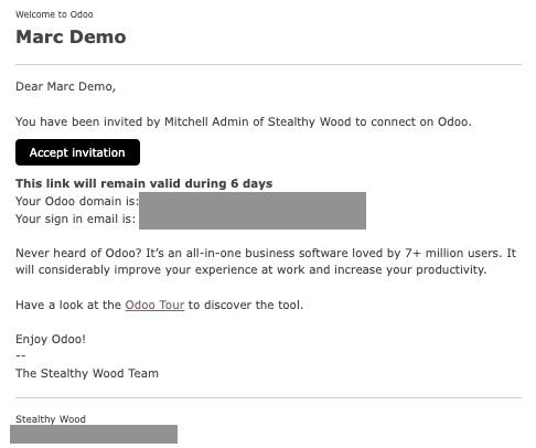 View of a user's form with a notification that the invitation email has been sent in NightPOS.