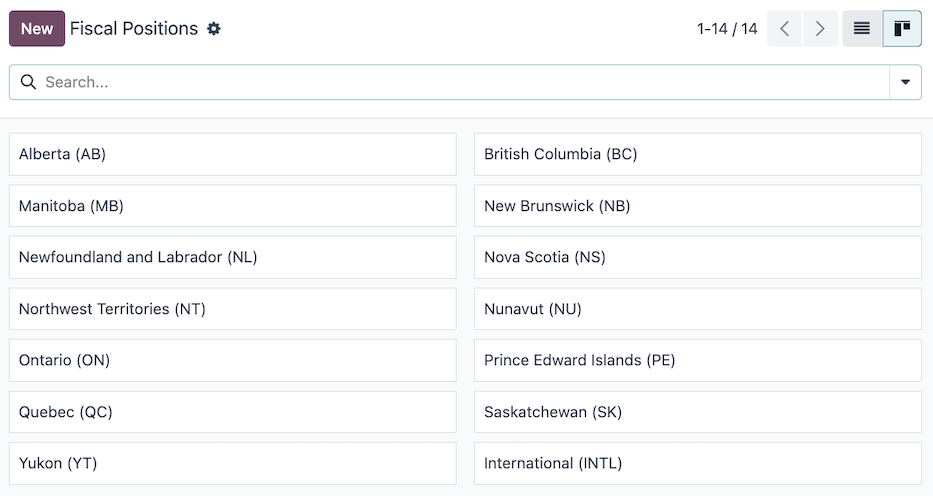 The default fiscal positions for the Canada localization in NightPOS Accounting.