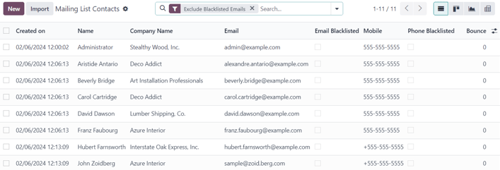 The Mailing List page in the NightPOS Email Marketing application.