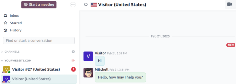 View of the discuss application with a message sent through live chat in NightPOS.