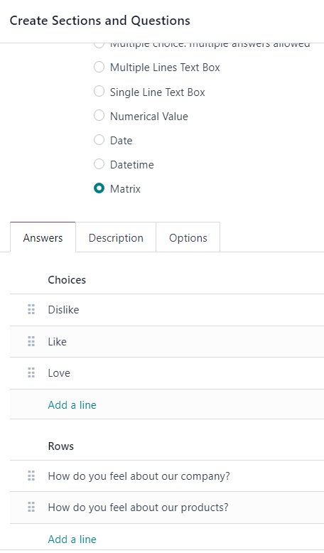 The answer tab with a matrix question type selected in NightPOS Surveys.