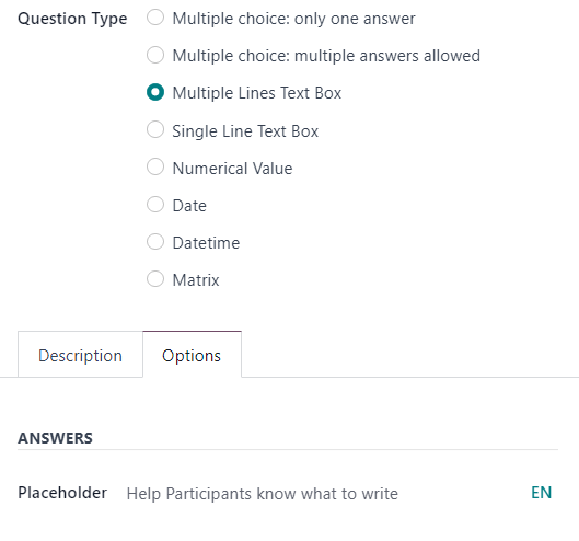 The placeholder field when a multiple lines text box option is chosen in NightPOS Surveys.