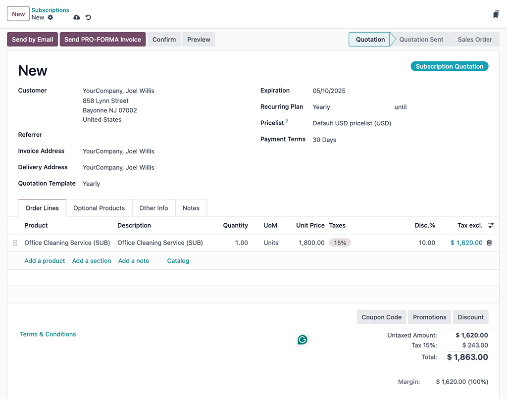 A completed example of a new subscription quotation in NightPOS.