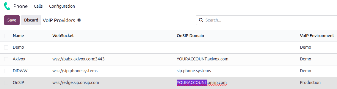 OnSIP configuration settings in the *NightPOS Phone* app.