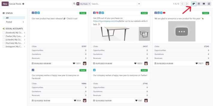 Kanban view of the posts page in the NightPOS Social Marketing application.