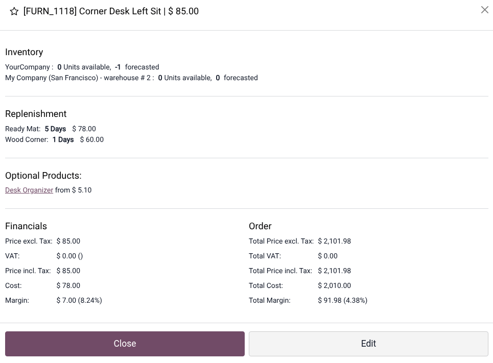 Example of product information window.
