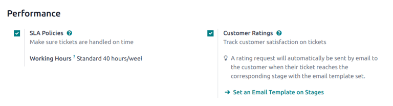 Overview of the settings page of a helpdesk team emphasizing the rating on ticket feature in NightPOS Helpdesk.