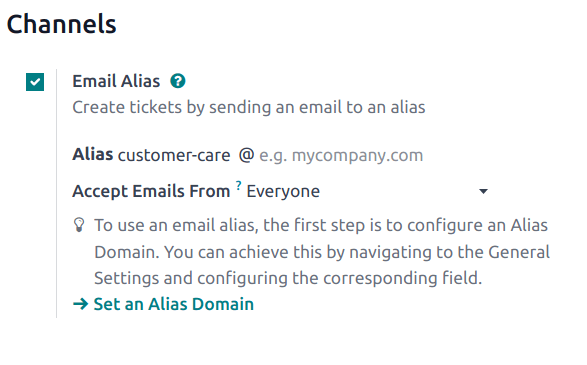 View of the settings page of a Helpdesk team emphasizing the email alias feature in NightPOS Helpdesk.