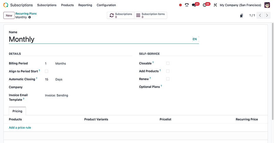 A blank recurring plan form in the NightPOS Subscriptions application.