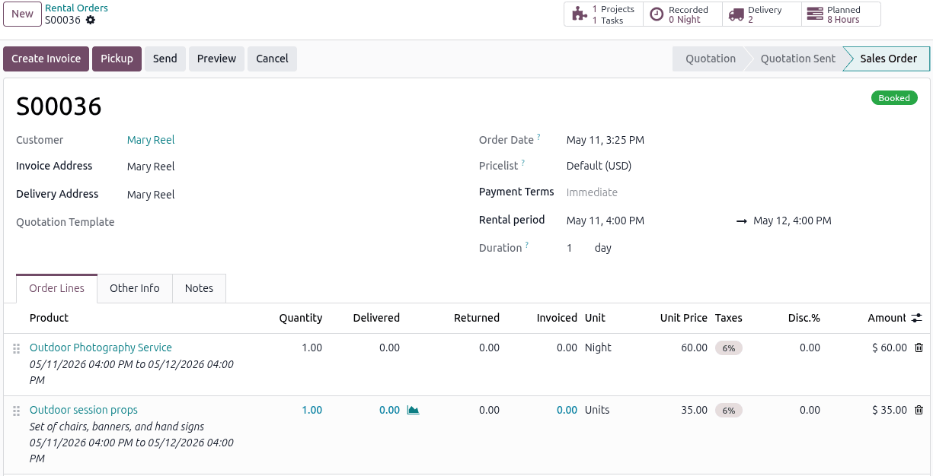 Sample of a filled out rental order available in the NightPOS Rental application.