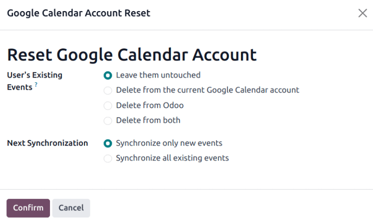 Google calendar reset options in NightPOS.