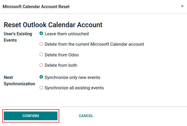 Outlook calendar reset options in NightPOS.
