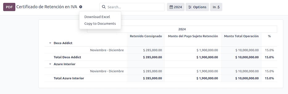 Certificado de Retención en IVA report in NightPOS Accounting.