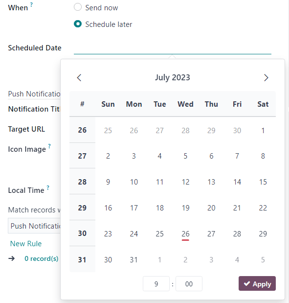 Schedule date pop-up window that appears on social media post detail form in NightPOS.
