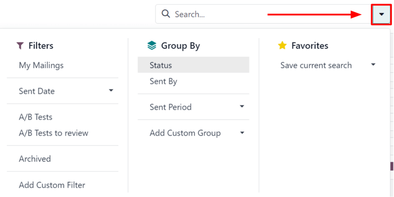 The drop-down mega menu of search options the NightPOS Email Marketing application.
