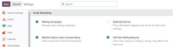 View of the Settings page in the NightPOS Email Marketing application.