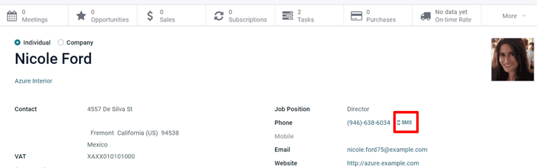 The SMS icon is located on an individual's contact form in NightPOS Contacts.