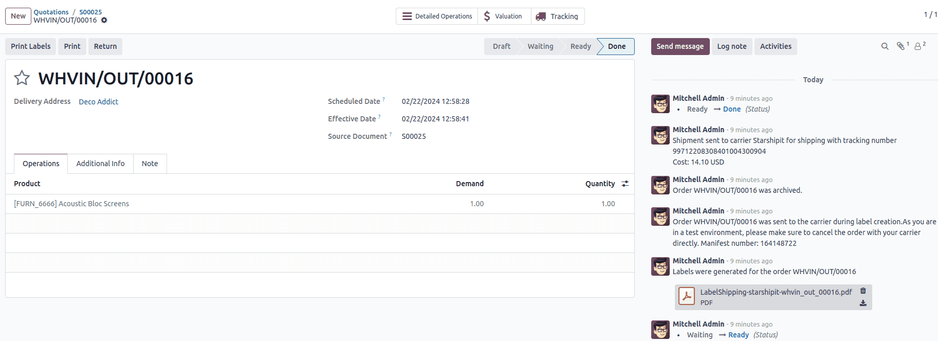Example of a shipped order in NightPOS.