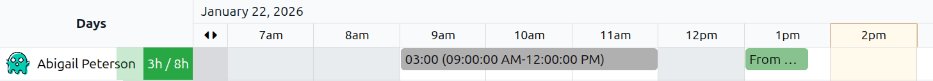 The rollover green bar indicating Abigail logged 3 hours, and is currently logged in.