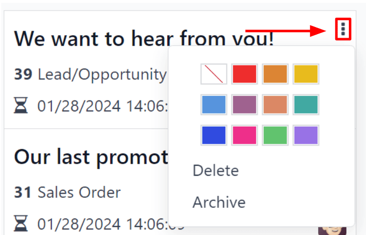 View of the three-dot drop-down menu on the NightPOS Email Marketing dashboard.