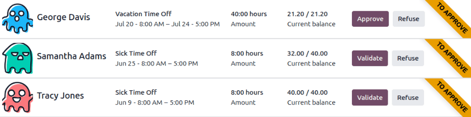 Time off requests with the filter, groupings, and status sections highlighted.