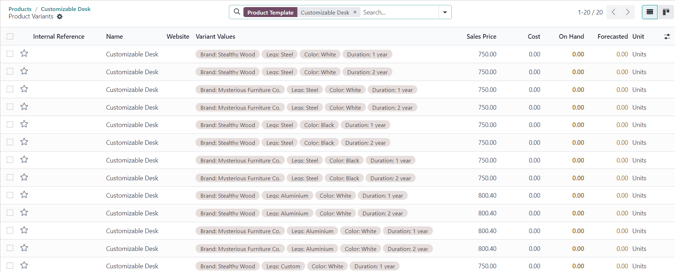 The variants page accessible via the variants smart button on the product form in NightPOS.