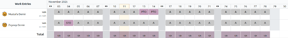 The work entries for a pay run, with some time off entered in the work entries.