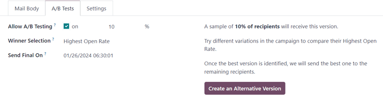 View of the A/B Tests tab in NightPOS Email Marketing application.