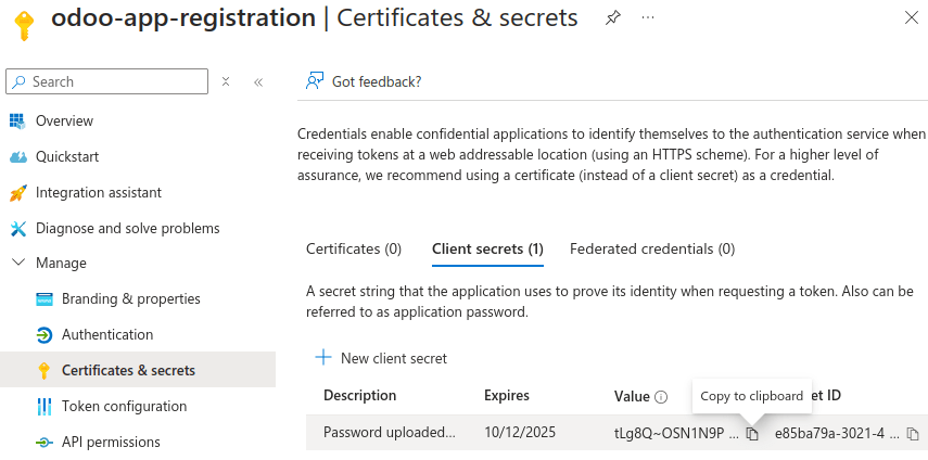 การเพิ่ม secret ให้กับแอป Microsoft Azure