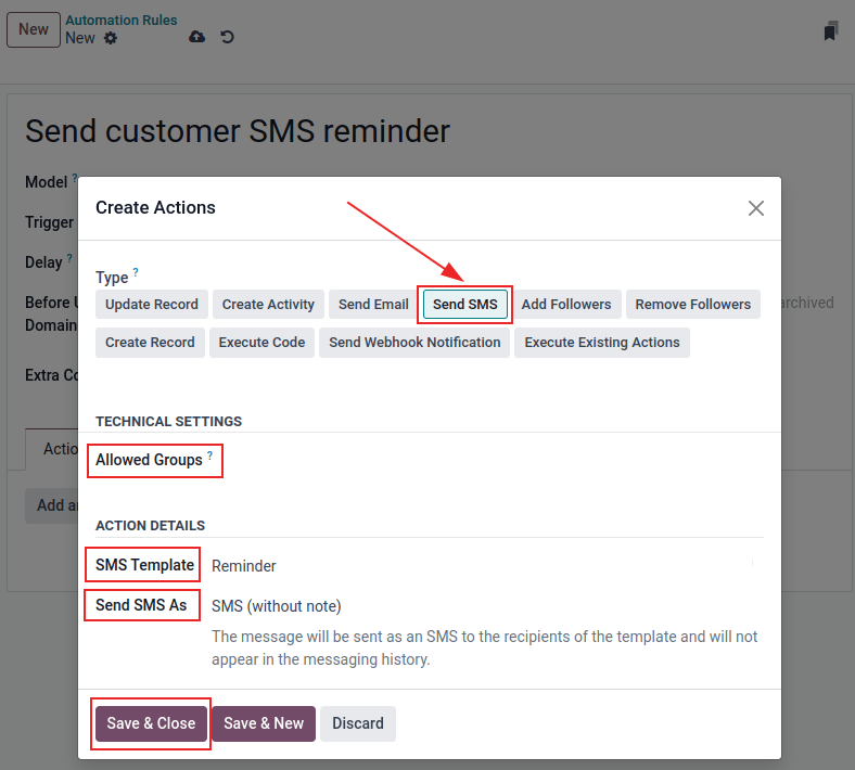เทมเพลตกฎอัตโนมัติพร้อมกฎที่ต้องทำ เทมเพลต SMS และบันทึกเป็นบันทึกย่อที่ไ��ไลต์ไว้