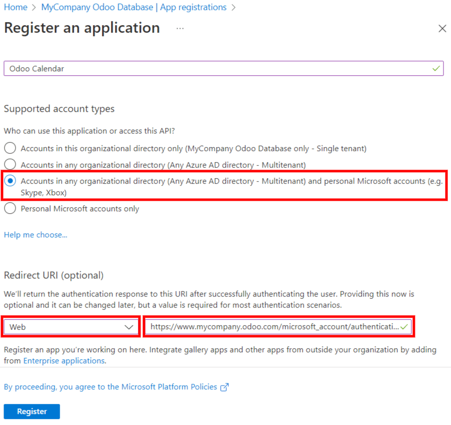 การตั้งค่า "ประเภทบัญชีที่รองรับ" และ "Redirect URI" ในพอร์ทัล Microsoft Entra ID