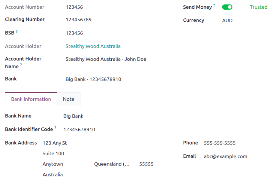 The bank account infomration configured for the company.