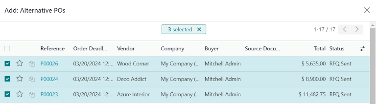 หน้าต่างป๊อปอัปเพื่อเชื่อมโยงใบเสนอราคาใหม่กับ RFQ ที่มีอยู่
